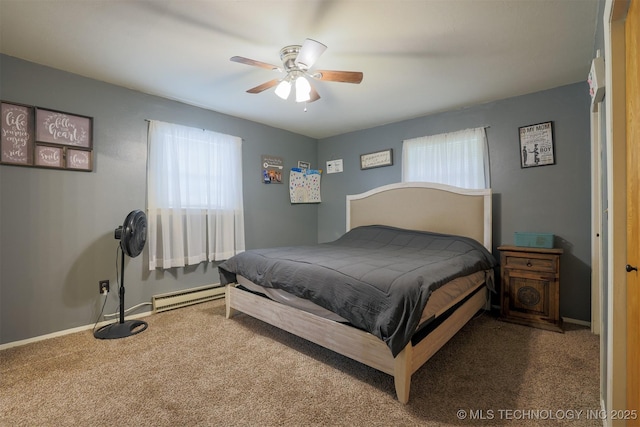 carpeted bedroom featuring baseboards, a ceiling fan, and a baseboard heating unit
