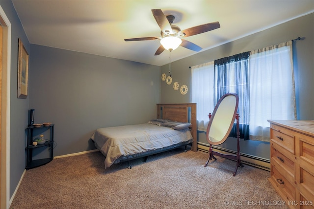 bedroom with baseboards, ceiling fan, baseboard heating, and light colored carpet