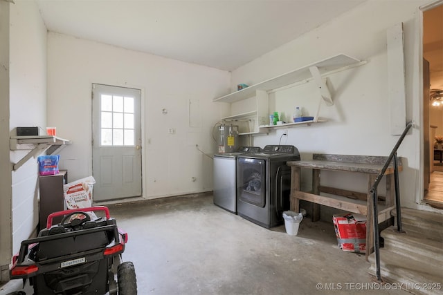 laundry room featuring water heater, laundry area, and independent washer and dryer
