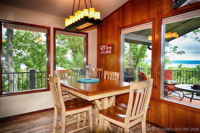 dining space with wooden walls, baseboards, wood finished floors, and a wealth of natural light