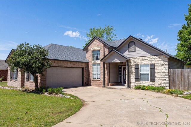 1007 W Beech St, Skiatook, OK 74070 - view of front facade featuring an attached garage, fence, brick siding, and concrete driveway