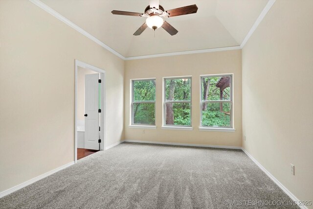 empty room featuring a ceiling fan, carpet, a wealth of natural light, and ornamental molding