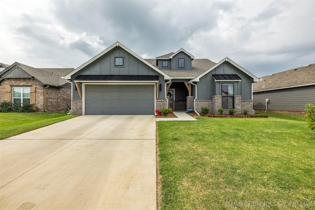 craftsman-style house with board and batten siding, an attached garage, concrete driveway, and a front lawn