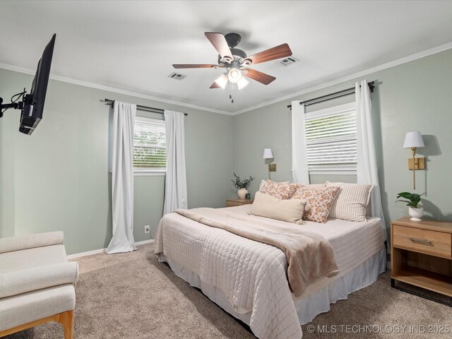 bedroom featuring crown molding, carpet, and visible vents
