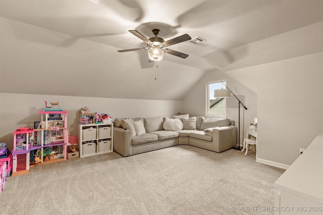 game room featuring visible vents, carpet, ceiling fan, and lofted ceiling