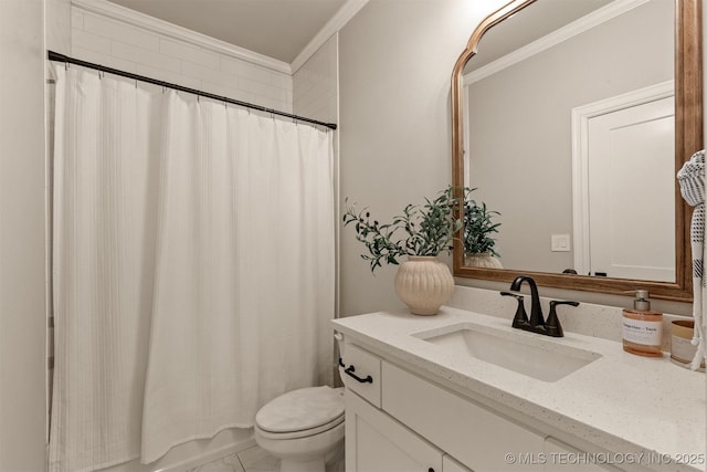 bathroom featuring vanity, ornamental molding, toilet, and marble finish floor