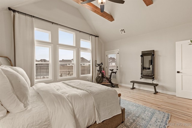 bedroom featuring visible vents, wood finished floors, beamed ceiling, baseboards, and high vaulted ceiling