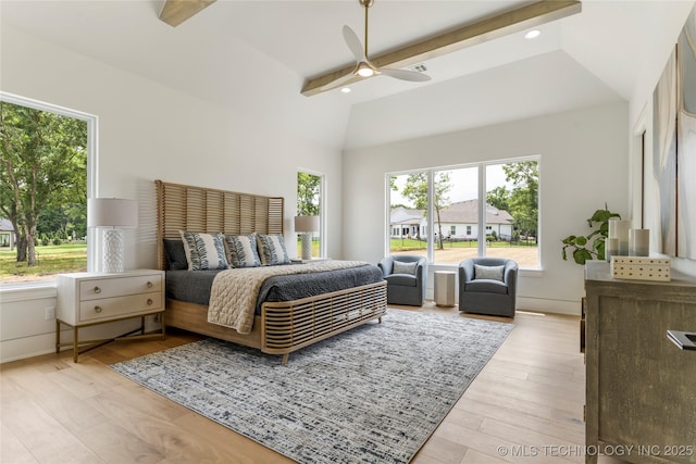 bedroom with a ceiling fan, recessed lighting, vaulted ceiling with beams, and light wood-style flooring