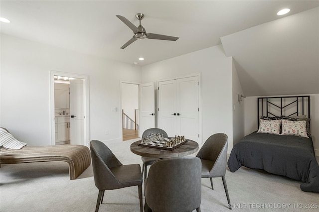 dining room featuring light colored carpet, recessed lighting, and ceiling fan