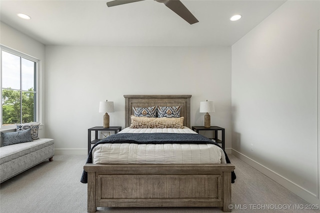 carpeted bedroom featuring recessed lighting, baseboards, and ceiling fan