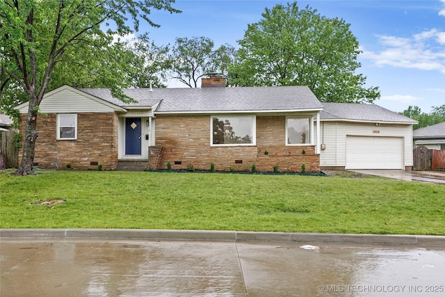 single story home with a chimney, a front yard, driveway, and crawl space