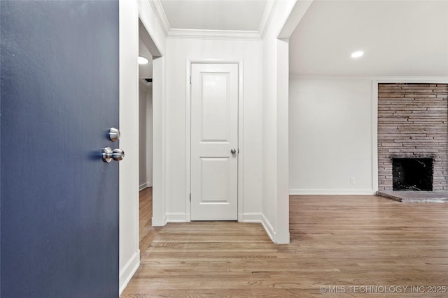 4814 E 37th St, Tulsa, OK 74135 - corridor featuring baseboards, ornamental molding, wood finished floors, and recessed lighting