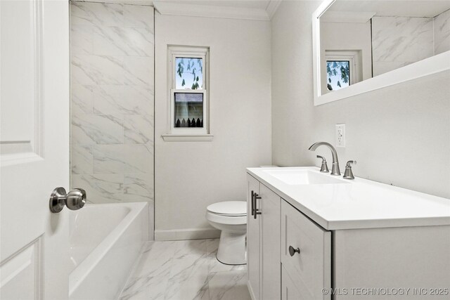 4814 E 37th St, Tulsa, OK 74135 - bathroom with vanity, baseboards, toilet, marble finish floor, and ornamental molding