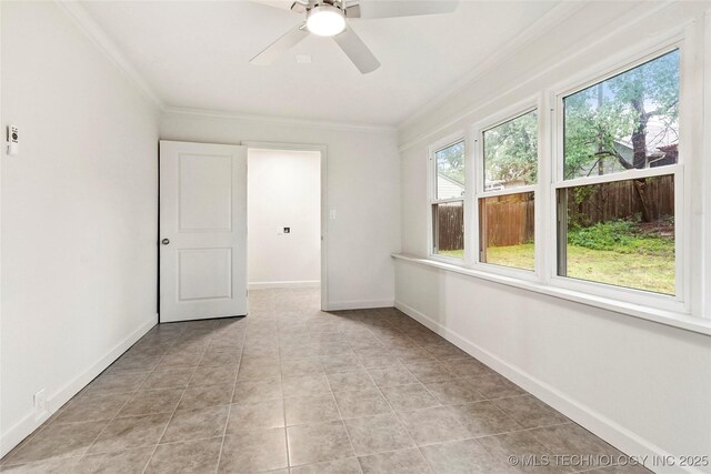 4814 E 37th St, Tulsa, OK 74135 - unfurnished room with light tile patterned floors, baseboards, ornamental molding, and a ceiling fan