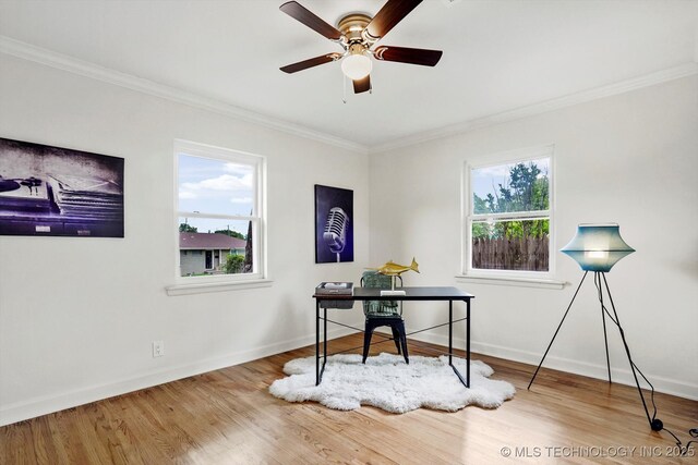 4814 E 37th St, Tulsa, OK 74135 - office featuring ornamental molding, wood finished floors, ceiling fan, and baseboards