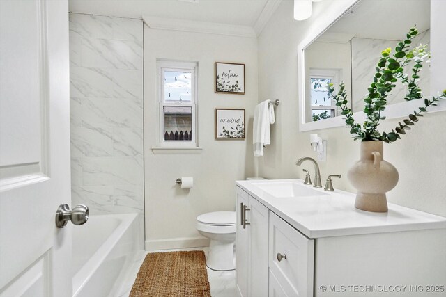 4814 E 37th St, Tulsa, OK 74135 - bathroom featuring vanity, toilet, ornamental molding, and baseboards