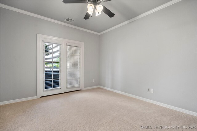 9502 S 73rd E Ave, Tulsa, OK 74133 - empty room featuring visible vents, a ceiling fan, light carpet, and ornamental molding