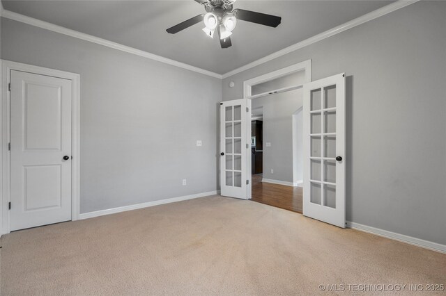 9502 S 73rd E Ave, Tulsa, OK 74133 - carpeted empty room featuring french doors, ornamental molding, baseboards, and ceiling fan