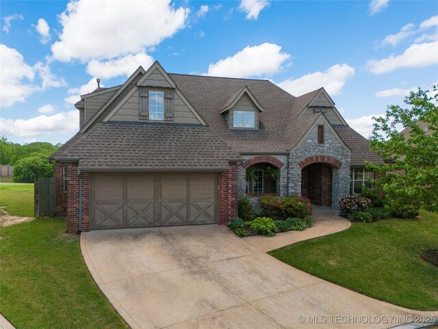 9502 S 73rd E Ave, Tulsa, OK 74133 - view of front of house with roof with shingles, driveway, a front lawn, and brick siding