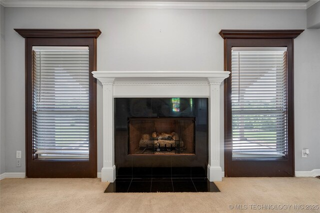 9502 S 73rd E Ave, Tulsa, OK 74133 - room details with a fireplace with flush hearth, baseboards, ornamental molding, and carpet