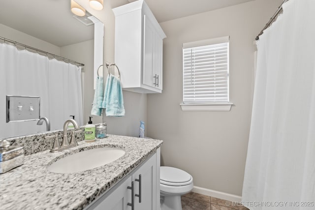 full bath featuring vanity, tile patterned flooring, visible vents, toilet, and baseboards