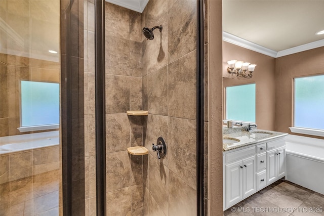 full bathroom featuring a sink, ornamental molding, a stall shower, and a bath