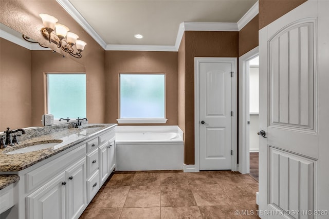 full bath with a sink, ornamental molding, double vanity, and a bath