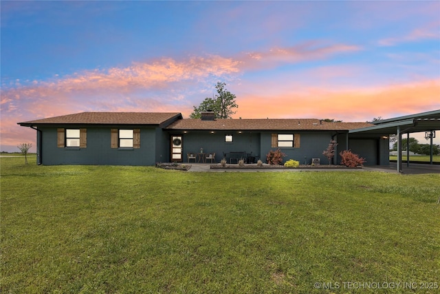 7207 E 166th St, Collinsville, OK 74021 - view of front of property with an attached garage, a lawn, a chimney, and an attached carport