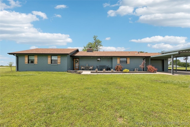7207 E 166th St, Collinsville, OK 74021 - view of front of home with an attached garage, a front yard, concrete block siding, and a chimney