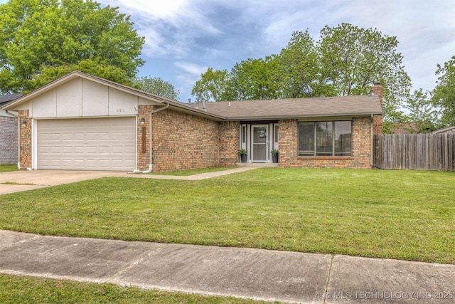 ranch-style house with a garage, a front lawn, fence, a chimney, and concrete driveway