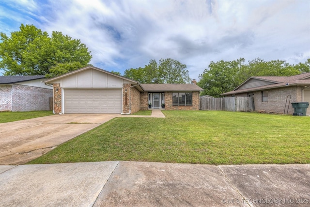 ranch-style house with driveway, a front yard, brick siding, fence, and an attached garage