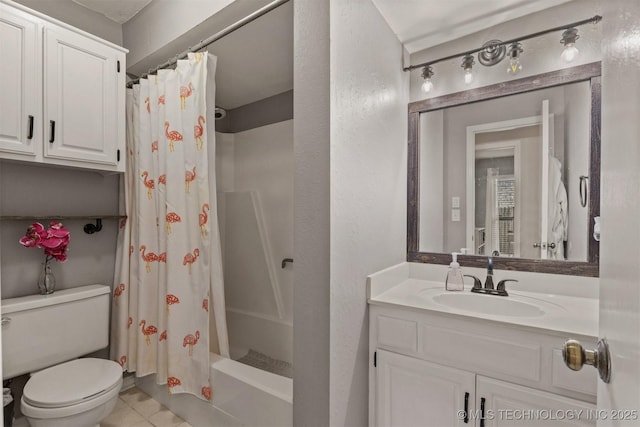bathroom featuring vanity, tile patterned floors, toilet, and a shower with shower curtain