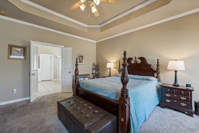 7408 E Forest Ridge Blvd, Broken Arrow, OK 74014 - bedroom with ceiling fan, crown molding, a raised ceiling, baseboards, and carpet flooring