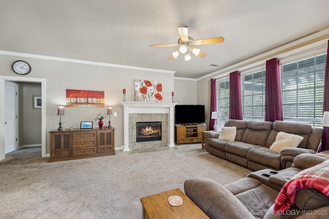 7408 E Forest Ridge Blvd, Broken Arrow, OK 74014 - carpeted living area featuring ceiling fan, baseboards, a fireplace with flush hearth, visible vents, and ornamental molding