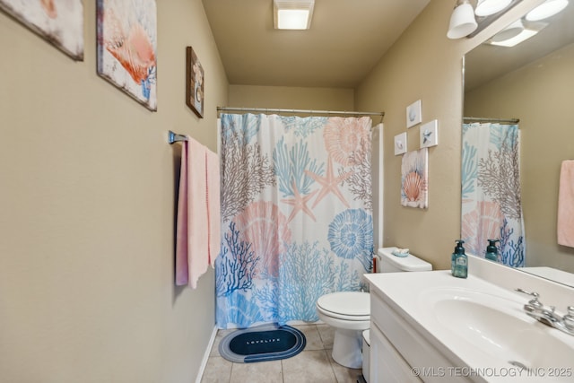 7408 E Forest Ridge Blvd, Broken Arrow, OK 74014 - bathroom with vanity, toilet, tile patterned floors, baseboards, and curtained shower