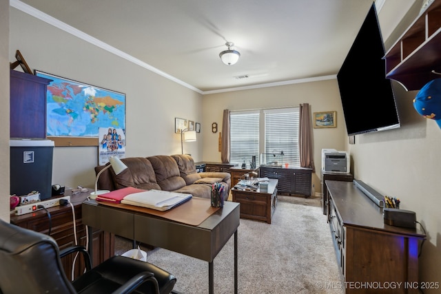 7408 E Forest Ridge Blvd, Broken Arrow, OK 74014 - living area with visible vents, ornamental molding, and light carpet