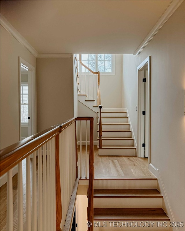 staircase with crown molding, baseboards, and wood finished floors
