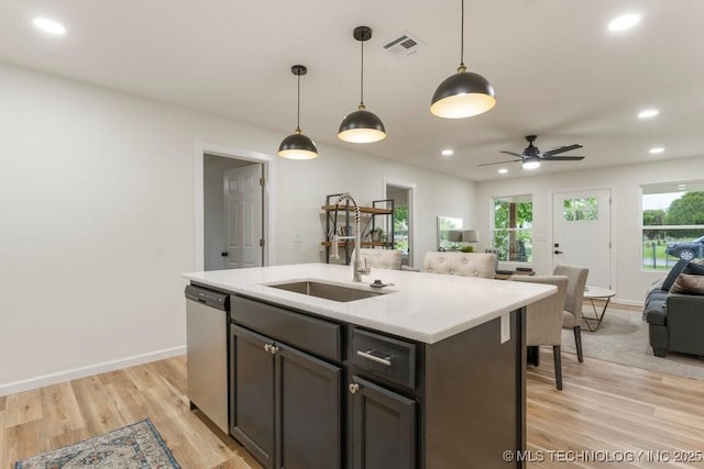 kitchen with stainless steel dishwasher, visible vents, open floor plan, a sink, and light wood finished floors
