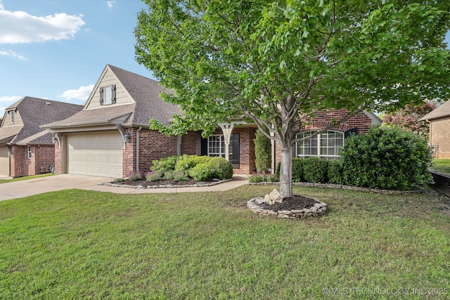 309 E 125th Ct S, Jenks, OK 74037 - view of front of property featuring driveway, a front yard, brick siding, an attached garage, and a shingled roof