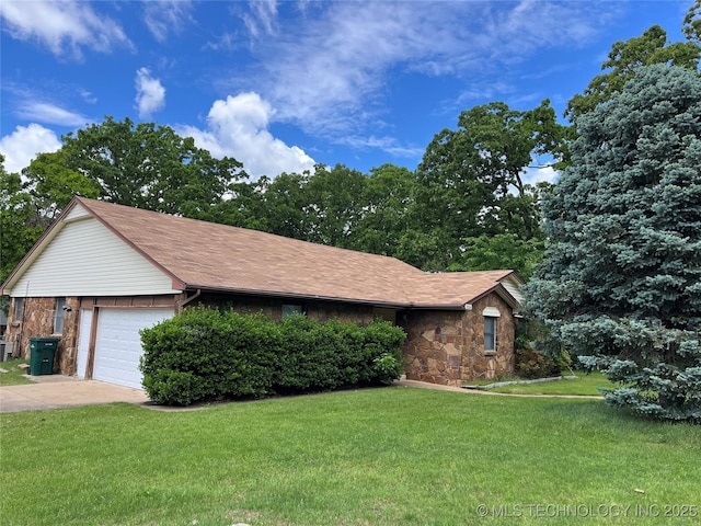 3316 Maple Dr, Sand Springs, OK 74063 - view of front of property featuring a front yard, driveway, stone siding, and an attached garage