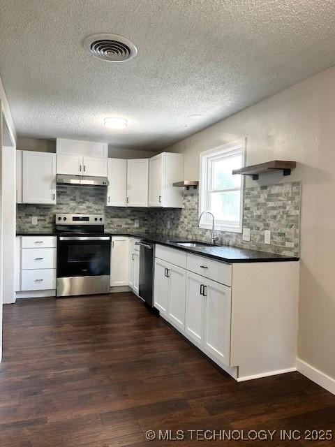 kitchen featuring under cabinet range hood, stainless steel appliances, dark countertops, and a sink