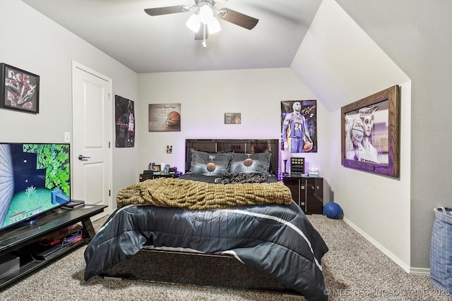 bedroom featuring carpet floors, baseboards, and ceiling fan