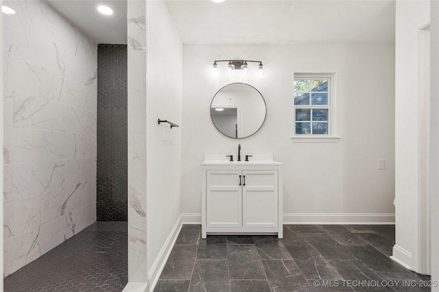 1166 N Boston Pl, Tulsa, OK 74106 - bathroom with recessed lighting, baseboards, walk in shower, and vanity