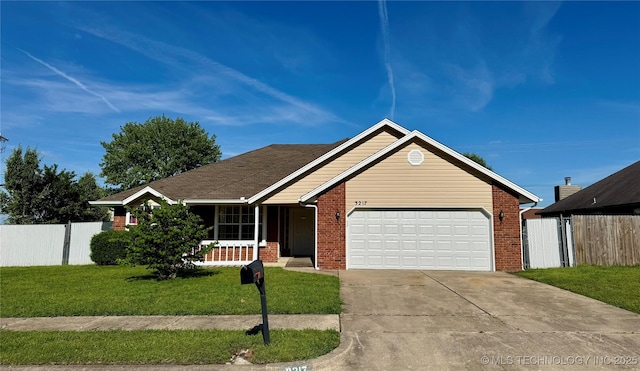 ranch-style house featuring an attached garage, fence, covered porch, and brick siding