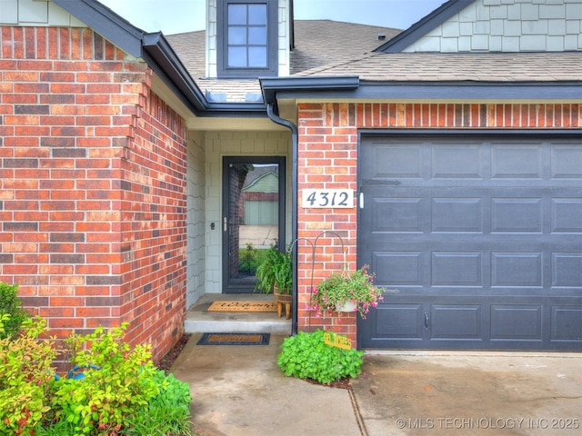 4312 N 33rd St, Broken Arrow, OK 74014 - doorway to property featuring brick siding, roof with shingles, and a garage
