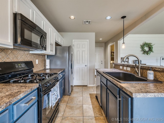4312 N 33rd St, Broken Arrow, OK 74014 - kitchen featuring visible vents, recessed lighting, white cabinets, a sink, and black appliances