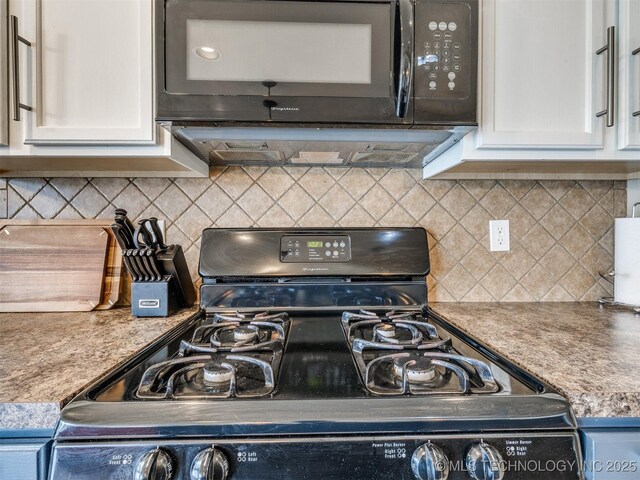 4312 N 33rd St, Broken Arrow, OK 74014 - kitchen featuring backsplash, white cabinetry, and black appliances