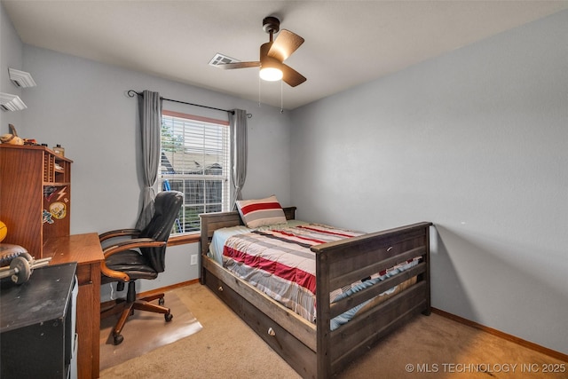 bedroom featuring carpet floors, baseboards, and a ceiling fan