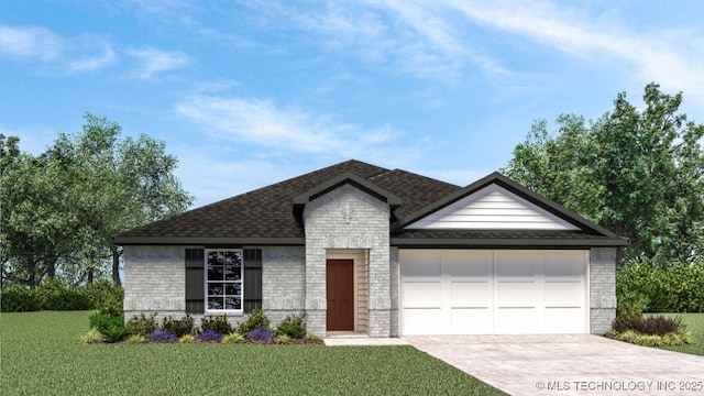 ranch-style home featuring driveway, a garage, brick siding, a front lawn, and a shingled roof