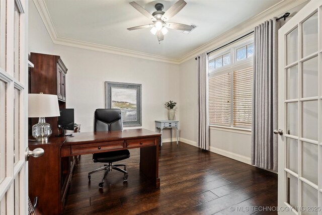 office featuring crown molding, a ceiling fan, baseboards, visible vents, and dark wood-style floors